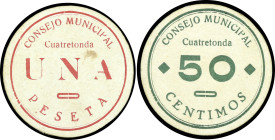 Cuatretonda (Valencia). Consejo Municipal. 50 céntimos y 1 peseta. (T. 633 y 634, mismo ejemplar) (KG. falta) (RGH. 2115, mismo ejemplar y 2116, sin i...
