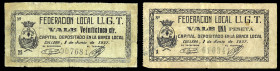 Cullera (Valencia). Federación Local U.G.T. 25 céntimos y 1 peseta. (T. 651 y 652) (KG. 303a y falta) (RGH. 2168 y 2169). 2 billetes, serie completa, ...