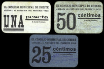 Cheste (Valencia). Consejo Municipal. 25, 50 céntimos y 1 peseta. (T. 664a, 665 y 666 var) (KG. 305) (RGH. 1904 a 1906). 3 cartones, serie completa. M...