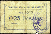 Daimuz (Valencia). Consejo Municipal. 25 céntimos. (T. 688, mismo ejemplar) (KG. falta) (RGH. 2182). Roturas. Muy raro. BC-.