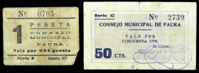 Faura (Valencia). Consejo Municipal. 50 céntimos y 1 peseta. (T. 747, mismo ejemplar y 748b) (KG. 345 y falta) (RGH. 2404 y 2409). Un billete y un car...