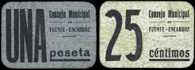 Fuente-Encarroz (Valencia). Consejo Municipal. 25 céntimos y 1 peseta. (T. 779 y 780a) (KG. 371) (RGH. 2576 y 2578). 2 cartones. Muy raros. MBC-/MBC.