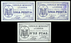 Gandia (Valencia). Consejo Municipal. 25 céntimos y 1 peseta (dos). (T. 788, 788a y 789a) (KG. 379) (RGH. 2610, 2610 var y 2611). 3 billetes, serie co...