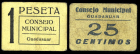 Guadasuar (Valencia). Consejo Municipal. 25 céntimos y 1 peseta. (T. 819 y 821) (KG. A397) (RGH. 2762 y 2764). 2 cartones. Muy raros. MBC-/MBC.