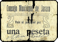 Jaraco (Valencia). Consejo Municipal. 1 peseta. (T. 846b) (KG. falta) (RGH. 3012). Cartón. Roturas. Rarísimo. (RC).