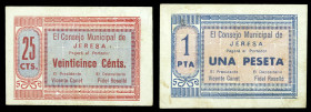 Jeresa (Valencia). Consejo Municipal. 25 céntimos y 1 peseta. (T. 869a y falta) (KG. 428) (RGH. 3037 y 3038). 2 billetes, serie completa. Raros. MBC/M...