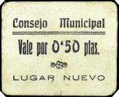 Lugar Nuevo (Valencia). Consejo Municipal. 50 céntimos. (T. 897, mismo ejemplar) (KG. falta) (RGH. 3261). Cartón. Rarísimo. MBC-.
