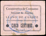 Llano de Cuarte (Valencia). Cooperativa de Consumo. Sección de Abastos. 5 céntimos. (T. 903, mismo ejemplar) (KG. falta) (RGH. 3176, mismo ejemplar). ...