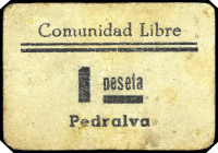 Pedralva (Valencia). Comunidad Libre. 1 peseta. (T. 1113, mismo ejemplar) (KG. falta) (RGH. 4082). Cartón. Rarísimo. MBC-.