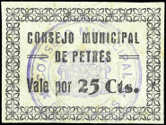 Petrés (Valencia). Consejo Municipal. 25 céntimos. (T. 1142, mismo ejemplar) (KG. falta) (RGH. 4161). Cartón. Mancha y charnela al dorso. Rarísimo. (M...
