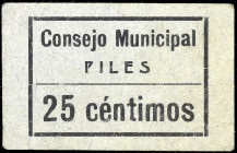 Piles (Valencia). Consejo Municipal. 25 céntimos. (T. 1158) (KG. 585) (RGH. 4185). Cartón. Rarísimo. MBC.