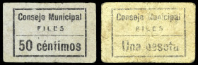 Piles (Valencia). Consejo Municipal. 50 céntimos y 1 peseta. (T. 1156 y 1157) (KG. 585) (RGH. 4186 y 4187). 2 cartones. Rarísimos. BC/MBC-.