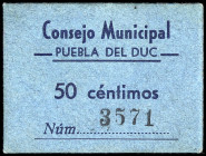 Puebla del Duc (Valencia). Consejo Municipal. 50 céntimos. (T. 1183) (KG. 610) (RGH. 4351). Cartón. Muy raro. EBC-.