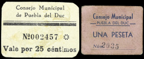 Puebla del Duc (Valencia). Consejo Municipal. 25 céntimos y 1 peseta. (T. 1182 y 1184, mismo ejemplar) (KG. 610) (RGH. 4350 y 4352). 2 cartones. Muy r...
