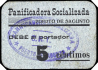 Puerto de Sagunto (Valencia). Panificadora Socializada. 5 céntimos. (T. 1195, mismo ejemplar) (KG. falta) (RGH. 4383, mismo ejemplar). Cartón. Muy rar...