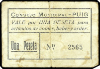 Puig (Valencia). Consejo Municipal. 1 peseta. (T. 1198, mismo ejemplar) (KG. falta) (RGH. 4407). Billete con la inscripción "vale por una peseta para ...