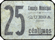 Quesa (Valencia). Consejo Municipal. 25 céntimos. (T. 1203, mismo ejemplar) (KG. falta) (RGH. 4432). Cartón. Rarísimo. MBC-.