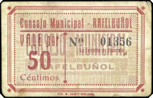 Rafelbuñol (Valencia). Consejo Municipal. 50 céntimos. (T. 1208) (KG. 629) (RGH. 4459). Cartón. Muy raro. MBC-.