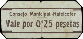 Rafelcofer (Valencia). Consejo Municipal. 25 céntimos. (T. 1212, mismo ejemplar) (KG. A629) (RGH. 4463, mismo ejemplar). Cartón nº 212. Muy raro. BC....