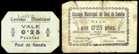 Real de Gandía (Valencia). Consejo Municipal. 25 céntimos (dos). (T. 1222a y 1224) (KG. 634 y 634a) (RGH. 4480 (2480 por error) y falta). Un billete y...