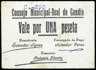 Real de Gandía (Valencia). Consejo Municipal. 1 peseta. (T. 1221) (KG. 634a) (RGH. 4479). Cartón. Rarísimo. EBC.