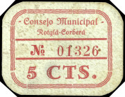 Rotglá-Corberá (Valencia). Consejo Municipal. 5 céntimos. (T. 1270) (KG. falta) (RGH. 4594). Cartón. Rarísimo. MBC.