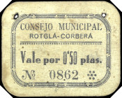 Rotglá-Corberá (Valencia). Consejo Municipal. 50 céntimos. (T. 1267a) (KG. falta) (RGH. 4592). Cartón con dos pequeñas perforaciones. Rarísimo. MBC-....