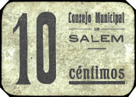 Salem (Valencia). Consejo Municipal. 10 céntimos. (T. 1285a) (KG. A668) (RGH. 4645). Cartón. Rarísimo. MBC-.