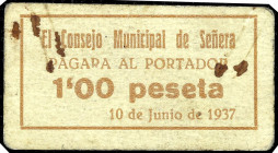 Señera (Valencia). Consejo Municipal. 1 peseta. (T. 1333) (KG. falta) (RGH. 4830). Cartón nº 58. Manchitas. Rarísimo. MBC-.