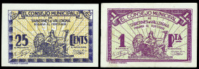 Tabernes de Valldigna (Valencia). Consejo Municipal. 25 céntimos y 1 peseta. (T. 1364 y 1365) (KG. 717) (RGH. 4944 y 4945). 2 billetes, todos los de l...