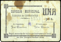 Teresa de Cofrentes (Valencia). Consejo Municipal. 1 peseta. (T. 1366) (KG. 723) (RGH. 4986). Manchitas. Rarísimo. BC+.