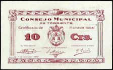 Torrente (Valencia). Consejo Municipal. 10 céntimos. (T. 1389) (KG. falta) (RGH. 5102). Raro y más así. EBC-.