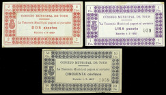 Tous (Valencia). Consejo Municipal. 50 céntimos, 1 y 2 pesetas. (T. 1404a, 1405 y 1406) (KG. falta) (RGH. 5167 a 5169). 3 billetes, todos los de la lo...