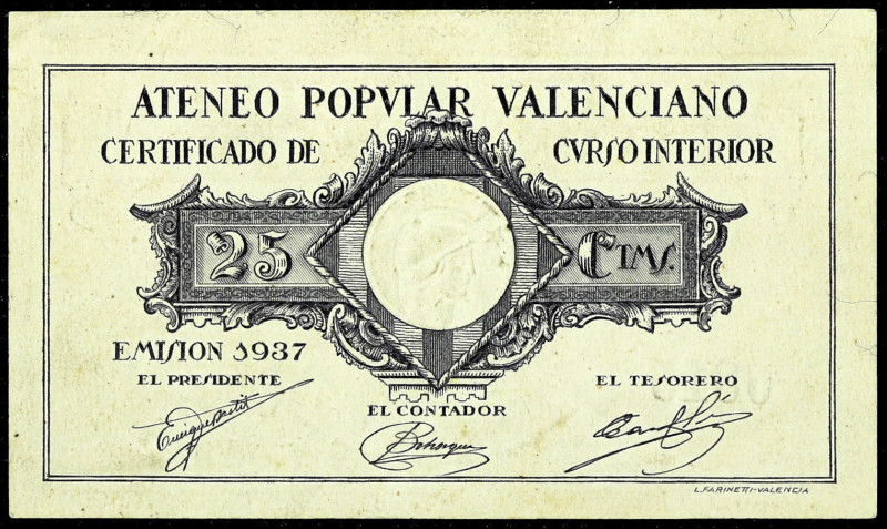 Valencia. Ateneo Popular Valenciano. 25 céntimos. (T. pág. 384) (KG. 765) (RGH. ...