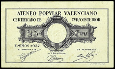 Valencia. Ateneo Popular Valenciano. 25 céntimos. (T. pág. 384) (KG. 765) (RGH. 5301). Escaso así. EBC.