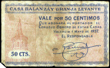 Valencia. Casa Balanzá y Granja Levante. 50 céntimos. (T. pág. 384) (KG. 765a) (RGH. 5310). BC.