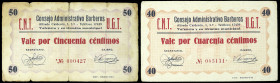 Valencia. Consejo Administrativo Barberos. C.N.T.-U.G.T. 40 y 50 céntimos. (T. pág. 384) (KG. 765b) (RGH. 5312 y 5313). Raros. BC/MBC-.