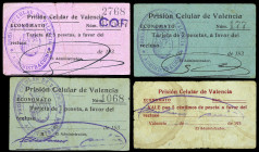 Valencia. Prisión Celular. Economato. 5 céntimos, 1, 2 y 5 pesetas. (T. falta) (KG. falta) (RGH. falta). 4 billetes con fecha del 12 de julio de 1937....