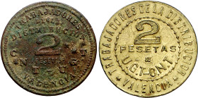 Valencia. Trabajadores de la Distribución. C.N.T.-U.G.T. 2 pesetas. (T. pág. 384). 2 monedas distintas. Raras. BC+/MBC+.