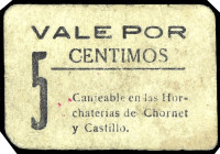 Valencia. Horchaterías de Chornet y Castillo. 5 céntimos. (T. pág. 384) (KG. falta) (RGH. falta). Cartón. Ex Áureo 29/09/1992, nº 2175. Raro. MBC-....