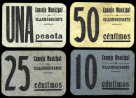 Villamarchante (Valencia). Consejo Municipal. 10, 25, 50 céntimos y 1 peseta. (T. 1487 a 1490) (KG. 798) (RGH. 5575 a 5578). 4 cartones, serie complet...