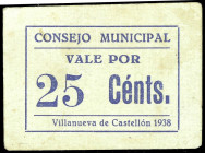 Villanueva de Castellón (Valencia). Consejo Municipal. 25 céntimos. (T. 1507) (KG. 804) (RGH. 5613, sin imagen). Cartón. Raro. MBC.