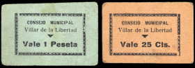 Villar de la Libertad (Valencia). Consejo Municipal. 25 céntimos y 1 peseta. (T. 1513 y 1516) (KG. 812) (RGH. 5692 y 5696). 2 cartones, el de 25 cénti...