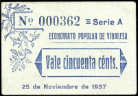 Vinalesa (Valencia). Economato Popular. 50 céntimos. (T. 1537) (KG. 827) (RGH. 5771). Rarísimo y más así. EBC-.