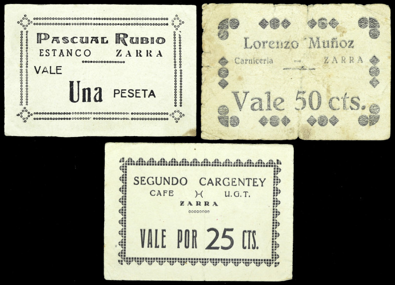 Zarra (Valencia) 25, 50 céntimos y 1 peseta. (T. 1543 a 1545, mismos ejemplares)...