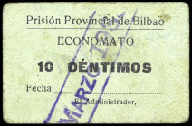 Bilbao (Vizcaya). Prisión Provincial Economato. 10 céntimos. (Inédito). Cartón. Muy raro. BC+.