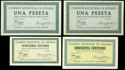 Azuara (Zaragoza). Consejo Municipal. 25, 50 céntimos y 1 peseta (dos). (KG. 116) (RGH. 827 a 829). 4 billetes, una serie completa con variante. Escas...