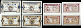 Caspe (Zaragoza). Consejo Municipal. 50 céntimos (cuatro) y 1 peseta (cuatro). (KG. 254) (RGH. 1738 y 1739). 8 billetes, 4 series completas, 2 parejas...