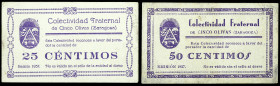 Cinco Olivas (Zaragoza). Colectividad Fraternal. 25 y 50 céntimos. (KG. A279) (RGH. 1971 y 1972). 2 billetes. Muy raros. MBC/MBC+.