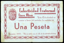 Cinco Olivas (Zaragoza). Colectividad Fraternal. 1 peseta. (KG. A279) (RGH. 1973, sin imagen). Muy raro. MBC-.